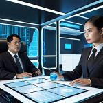 **Prompt:** A futuristic law office scene, depicting a lawyer working alongside an AI assistant. The AI is helping to analyze legal documents on a holographic display. The office environment incorporates modern technology elements with Thai cultural accents.