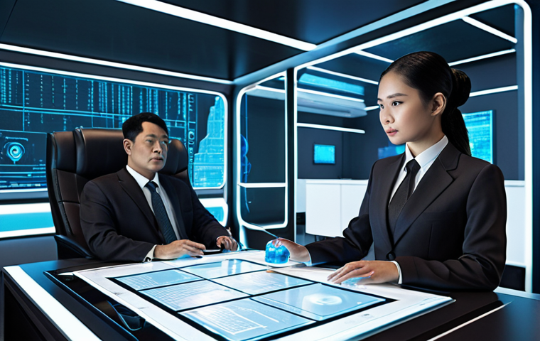 **Prompt:** A futuristic law office scene, depicting a lawyer working alongside an AI assistant. The AI is helping to analyze legal documents on a holographic display. The office environment incorporates modern technology elements with Thai cultural accents.