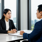 A professional female legal consultant of Thai descent in a modest business suit, seated across from a male client at a modern conference table in a bright, contemporary law office meeting room. She is engaged in a focused discussion, clearly explaining legal concepts with open, appropriate gestures. The room features large windows and professional decor, with a subtle city skyline visible in the background. Professional photography, high detail, sharp focus, natural lighting, safe for work, appropriate content, fully clothed, professional dress, perfect anatomy, correct proportions, natural pose, well-formed hands, proper finger count, natural body proportions, modest clothing, family-friendly.