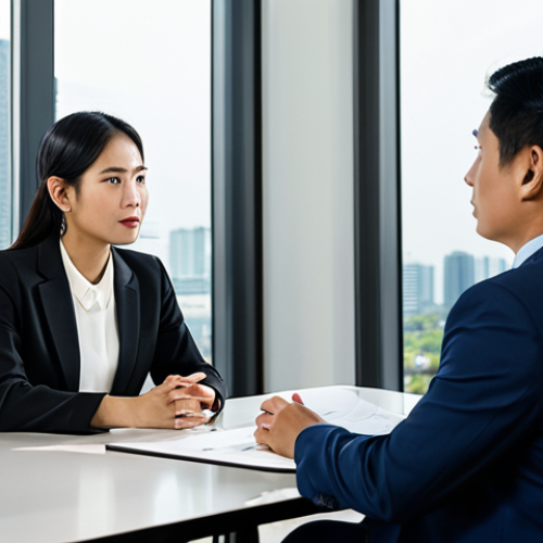 A professional female legal consultant of Thai descent in a modest business suit, seated across from a male client at a modern conference table in a bright, contemporary law office meeting room. She is engaged in a focused discussion, clearly explaining legal concepts with open, appropriate gestures. The room features large windows and professional decor, with a subtle city skyline visible in the background. Professional photography, high detail, sharp focus, natural lighting, safe for work, appropriate content, fully clothed, professional dress, perfect anatomy, correct proportions, natural pose, well-formed hands, proper finger count, natural body proportions, modest clothing, family-friendly.