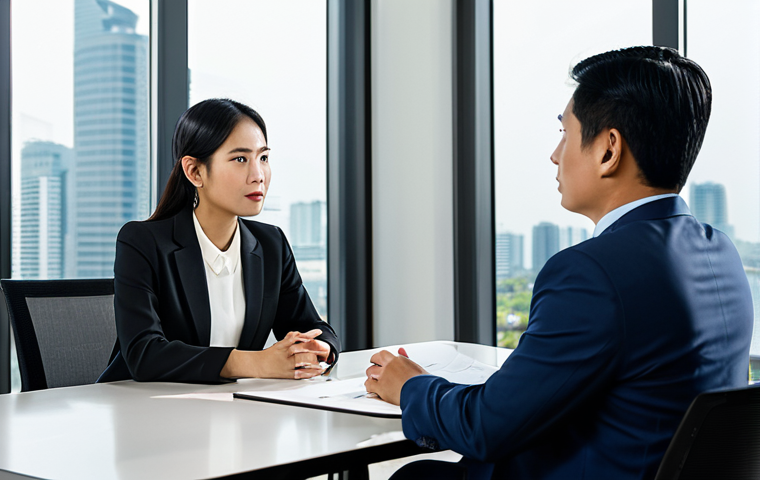 A professional female legal consultant of Thai descent in a modest business suit, seated across from a male client at a modern conference table in a bright, contemporary law office meeting room. She is engaged in a focused discussion, clearly explaining legal concepts with open, appropriate gestures. The room features large windows and professional decor, with a subtle city skyline visible in the background. Professional photography, high detail, sharp focus, natural lighting, safe for work, appropriate content, fully clothed, professional dress, perfect anatomy, correct proportions, natural pose, well-formed hands, proper finger count, natural body proportions, modest clothing, family-friendly.