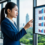 A professional Thai female lawyer, dressed in a modest and elegant business suit, fully clothed, appropriate attire, standing in a modern, high-tech law office. She is attentively interacting with a large, transparent screen displaying intricate legal data visualizations and AI analytics. The background features a blurred, vibrant Bangkok city skyline through a large window. Her pose is natural and focused, conveying intelligence and mastery of technology. The image should be a professional photograph with soft studio lighting, showcasing perfect anatomy, correct proportions, well-formed hands, and proper finger count, safe for work, appropriate content, fully clothed, professional.