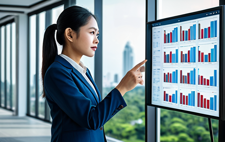 A professional Thai female lawyer, dressed in a modest and elegant business suit, fully clothed, appropriate attire, standing in a modern, high-tech law office. She is attentively interacting with a large, transparent screen displaying intricate legal data visualizations and AI analytics. The background features a blurred, vibrant Bangkok city skyline through a large window. Her pose is natural and focused, conveying intelligence and mastery of technology. The image should be a professional photograph with soft studio lighting, showcasing perfect anatomy, correct proportions, well-formed hands, and proper finger count, safe for work, appropriate content, fully clothed, professional.