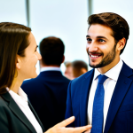 A professional male lawyer, fully clothed in a modest business suit, is engaged in a sincere, friendly conversation with a female professional at a brightly lit modern networking event. They are actively listening to each other, making natural eye contact, conveying genuine connection. The background shows blurred figures of other attendees, suggesting a lively yet professional atmosphere. The scene emphasizes perfect anatomy, correct proportions, natural pose, and well-formed hands. This image is safe for work, appropriate content, fully clothed, and represents professional networking, high quality professional photography, natural lighting.