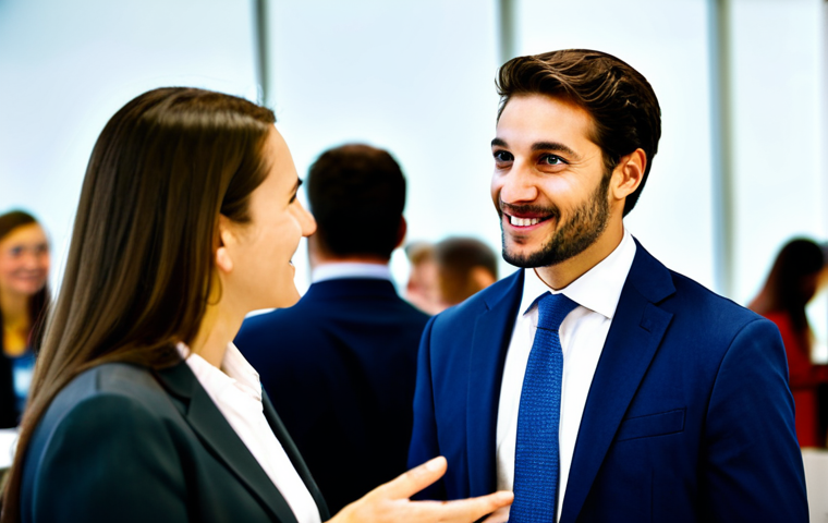 A professional male lawyer, fully clothed in a modest business suit, is engaged in a sincere, friendly conversation with a female professional at a brightly lit modern networking event. They are actively listening to each other, making natural eye contact, conveying genuine connection. The background shows blurred figures of other attendees, suggesting a lively yet professional atmosphere. The scene emphasizes perfect anatomy, correct proportions, natural pose, and well-formed hands. This image is safe for work, appropriate content, fully clothed, and represents professional networking, high quality professional photography, natural lighting.