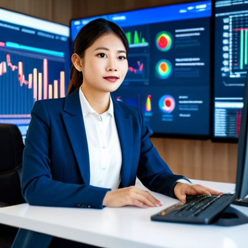 Home 20 A confident Thai legal professional, mid-career, wearing a sophisticated dark blue business suit and modest white blouse, fully clothed, sits at a sleek modern desk in a high-tech office. She is focused on a large holographic display showing intricate market analysis data and LegalTech software interfaces. The background features a blurred cityscape, suggesting global market awareness. The overall scene is professionally lit, showcasing a dynamic and forward-thinking individual. Safe for work, appropriate content, professional dress, perfect anatomy, correct proportions, natural pose, well-formed hands, proper finger count, natural body proportions, professional photography, high quality.