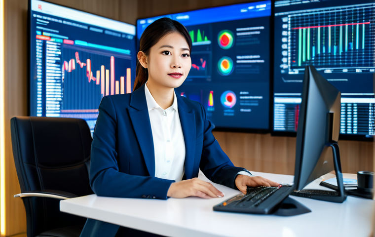 A confident Thai legal professional, mid-career, wearing a sophisticated dark blue business suit and modest white blouse, fully clothed, sits at a sleek modern desk in a high-tech office. She is focused on a large holographic display showing intricate market analysis data and LegalTech software interfaces. The background features a blurred cityscape, suggesting global market awareness. The overall scene is professionally lit, showcasing a dynamic and forward-thinking individual. Safe for work, appropriate content, professional dress, perfect anatomy, correct proportions, natural pose, well-formed hands, proper finger count, natural body proportions, professional photography, high quality.