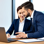 Modern Labor Law Consultant**

"A professional legal consultant, in a modest business suit, advising a company executive in a bright, modern office. Focus on teamwork and collaboration, showing documents and a laptop. fully clothed, appropriate attire, safe for work, perfect anatomy, natural proportions, professional, well-formed hands, proper finger count, family-friendly."

**