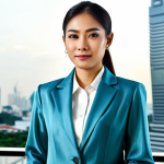 법률자문가의 직무 환경 - **Subject:** A confident Thai businesswoman in a modern office. **Clothing:** Wearing a stylish and ...