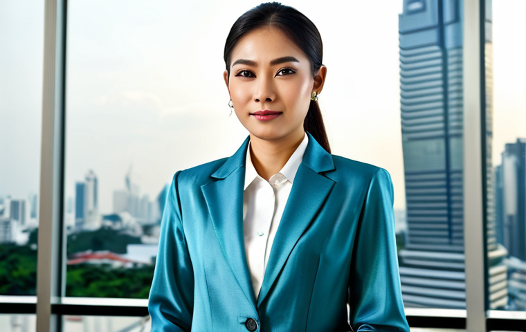 법률자문가의 직무 환경 - **Subject:** A confident Thai businesswoman in a modern office. **Clothing:** Wearing a stylish and ...
