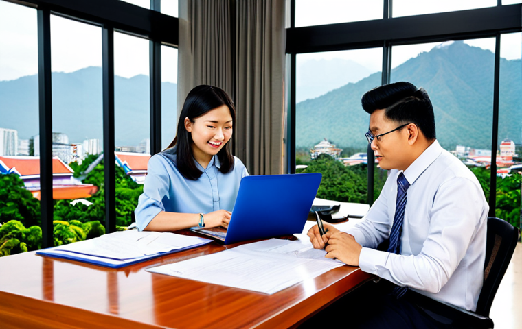 법률자문가의 직무 환경 - **Subject:** A Thai lawyer in a courtroom. **Clothing:** Dressed in formal, respectful professional ...