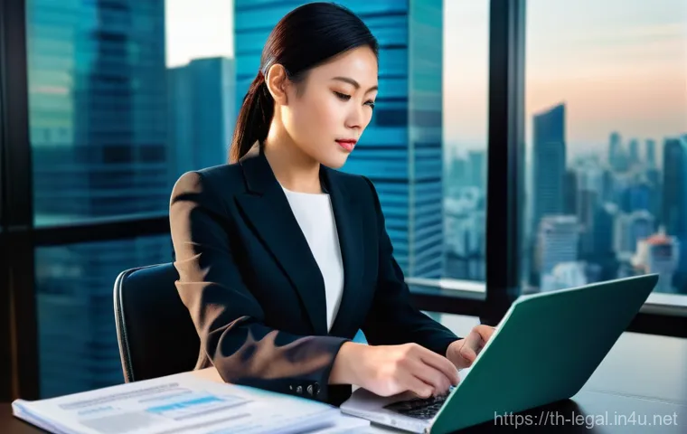 법률자문가의 일상 - **Prompt 1: The Digital Age Lawyer**
    "A professional Thai female lawyer, in her late 30s, dresse...