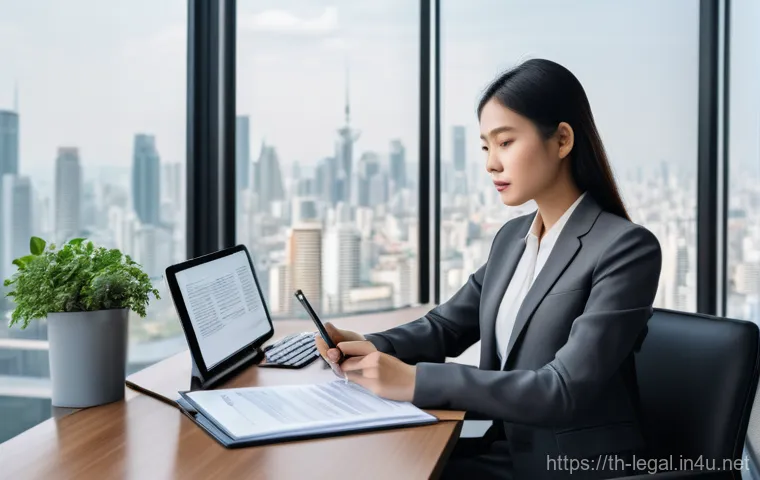 법률 자문가의 자기계발 방법 - **Prompt:** A serene and focused young adult female Thai lawyer, dressed in a stylish yet modest dar...