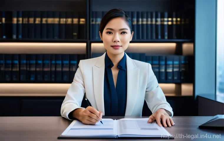 법률자문가로서의 지속적인 발전 - **Prompt:** A sharp, modern Thai lawyer, female or male, in a stylish professional suit, sitting at ...