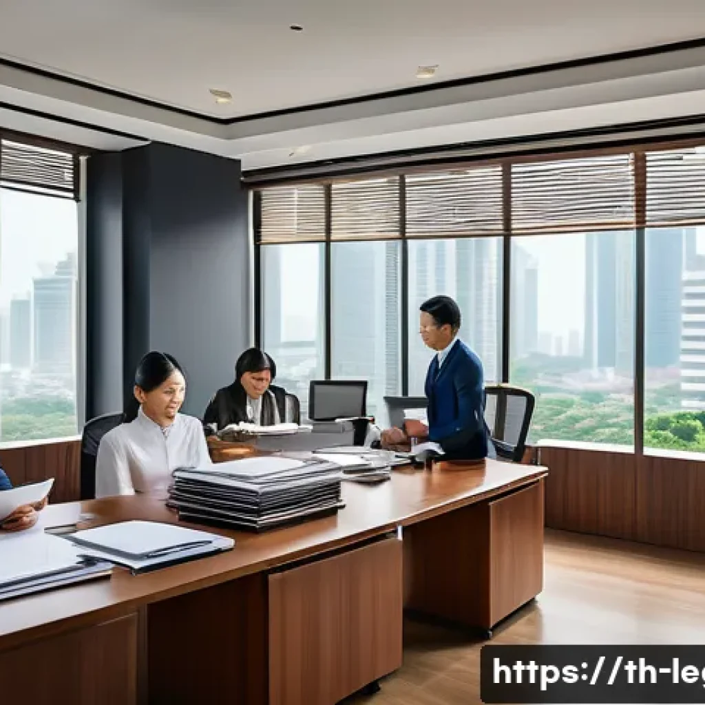 법률 자문가의 사건 대응 전략 - A professional Thai legal team in a modern Bangkok law office, diligently gathering and organizing d...