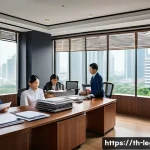 법률 자문가의 사건 대응 전략 - A professional Thai legal team in a modern Bangkok law office, diligently gathering and organizing d...
