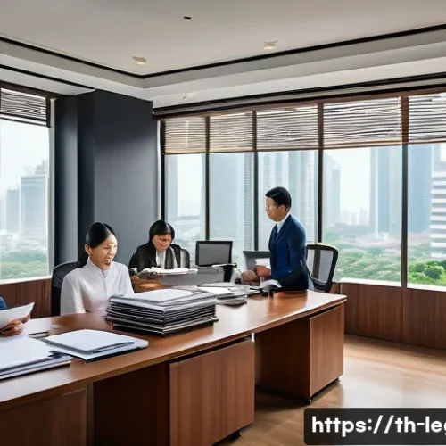 법률 자문가의 사건 대응 전략 - A professional Thai legal team in a modern Bangkok law office, diligently gathering and organizing d...
