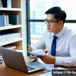 법률자문가 커리어 패스 - A professional Thai legal advisor in a modern office setting, wearing formal business attire includi...