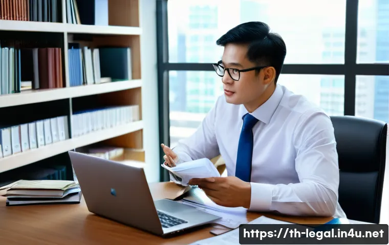 법률자문가 커리어 패스 - A professional Thai legal advisor in a modern office setting, wearing formal business attire includi...