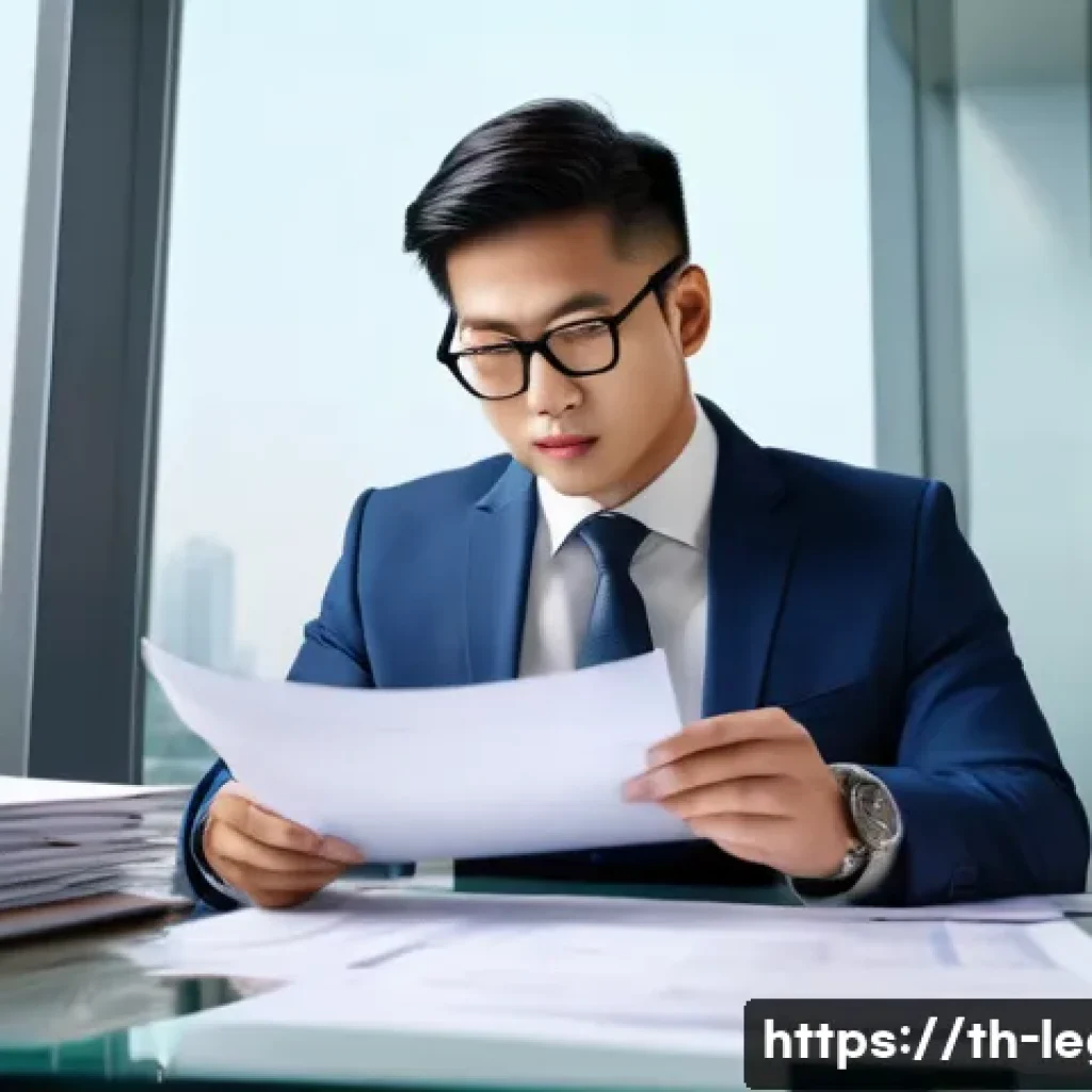 법률 자문가의 업무 검토 - A professional Thai legal consultant in a modern office, carefully reviewing business contracts and ...