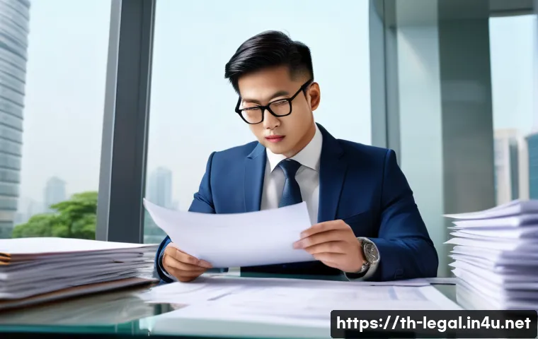 법률 자문가의 업무 검토 - A professional Thai legal consultant in a modern office, carefully reviewing business contracts and ...