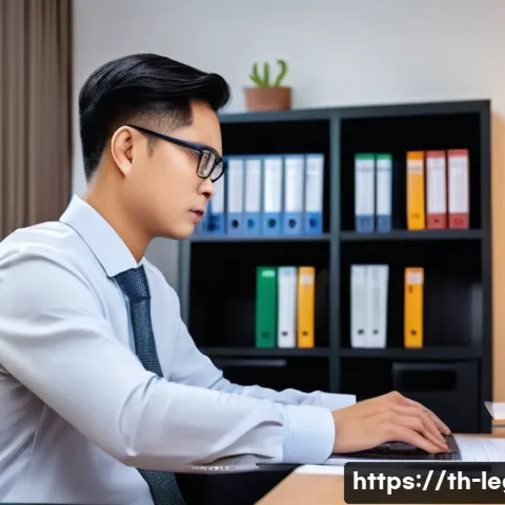 법률 자문가의 직무 효율화 전략 - A modern Thai legal consultant's office scene showing a professional lawyer using advanced case and ...