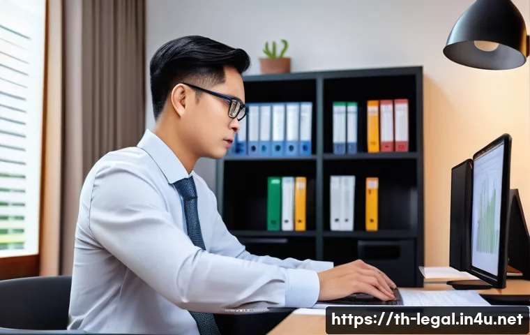 법률 자문가의 직무 효율화 전략 - A modern Thai legal consultant's office scene showing a professional lawyer using advanced case and ...