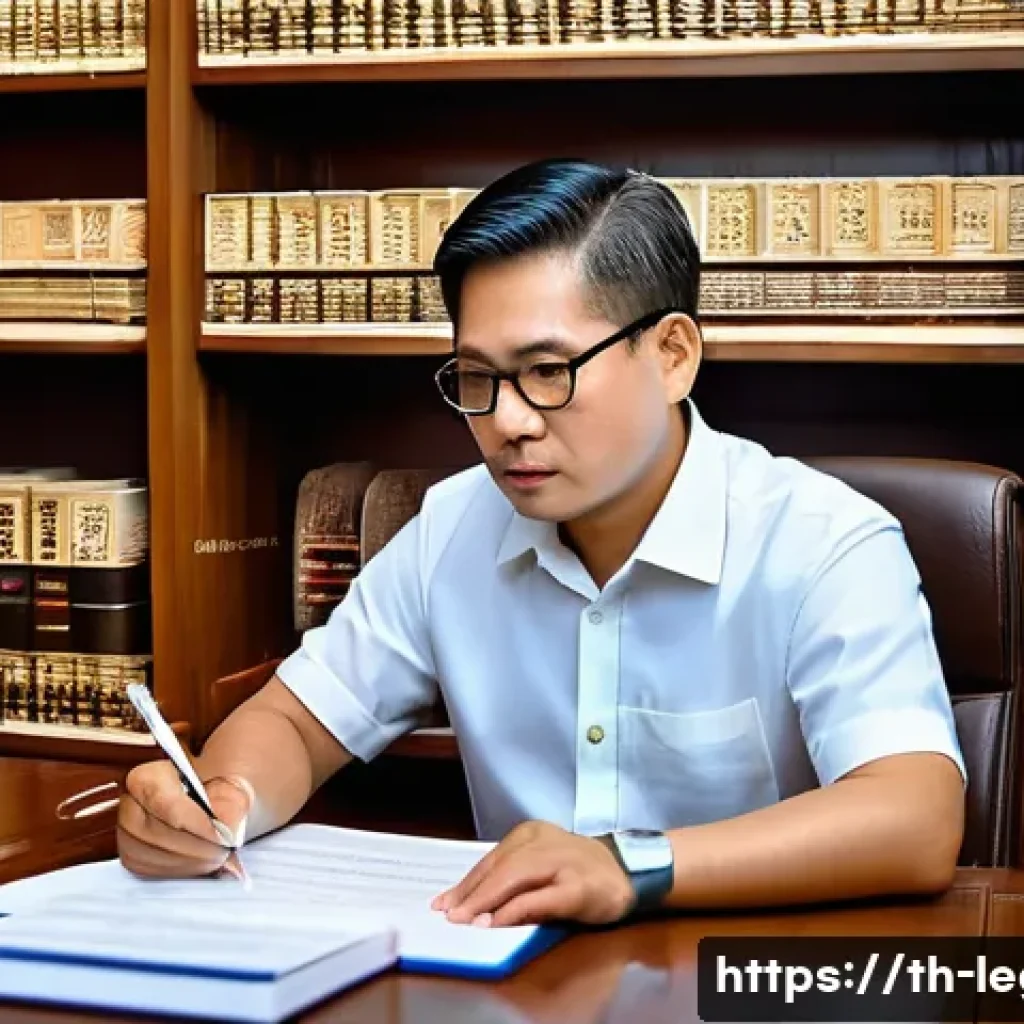 법률 자문가의 법률 연구 - A detailed and professional office scene showing a Thai legal researcher at work: a middle-aged Thai...