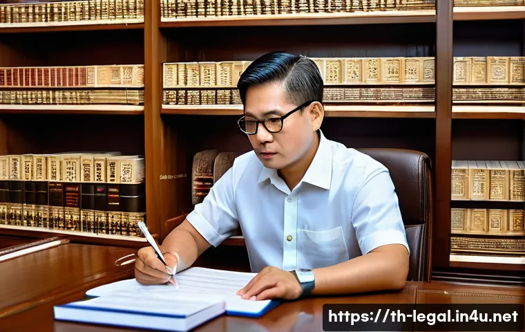 법률 자문가의 법률 연구 - A detailed and professional office scene showing a Thai legal researcher at work: a middle-aged Thai...
