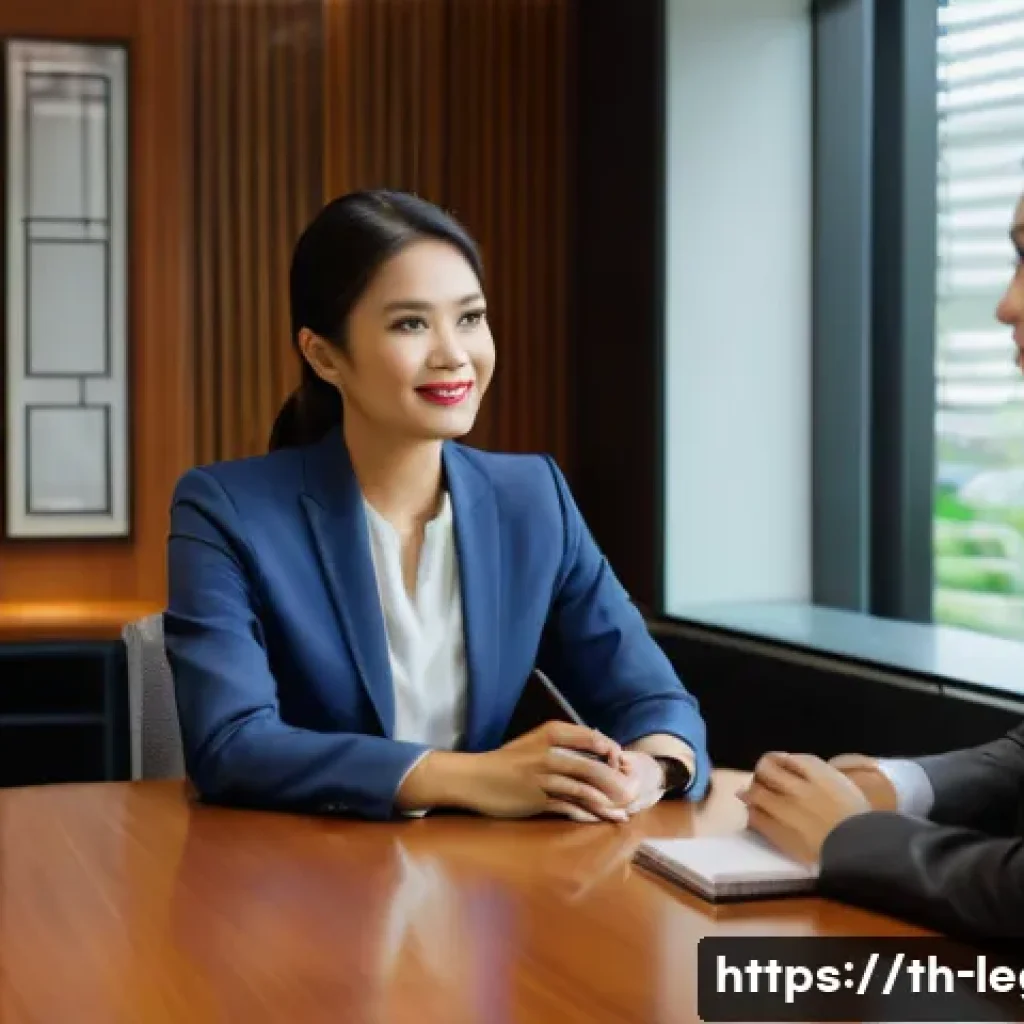 법률 자문가 인터뷰 준비 - A professional interview setting in a modern Thai office, showing a well-dressed interviewer and a l...