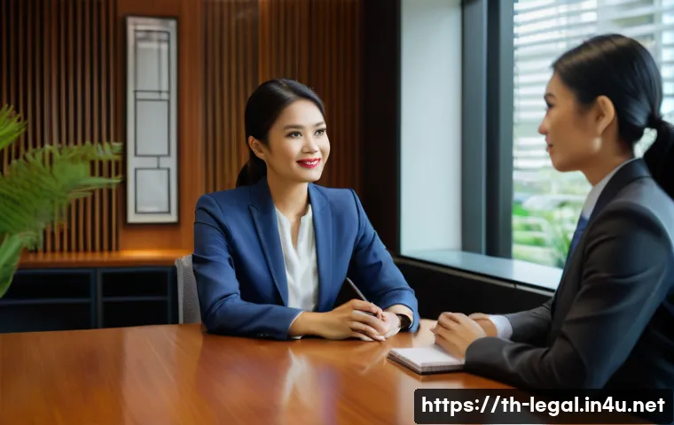 법률 자문가 인터뷰 준비 - A professional interview setting in a modern Thai office, showing a well-dressed interviewer and a l...