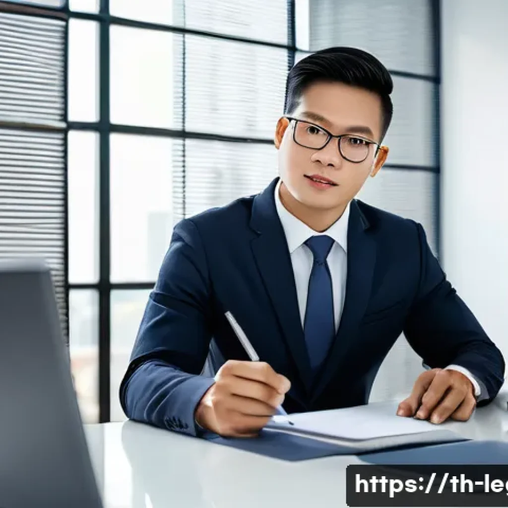 법률 자문가의 경험 공유 - A professional Thai legal consultant in a modern office setting, dressed in formal business attire, ...