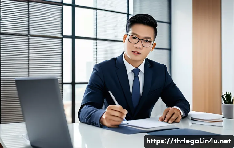 법률 자문가의 경험 공유 - A professional Thai legal consultant in a modern office setting, dressed in formal business attire, ...