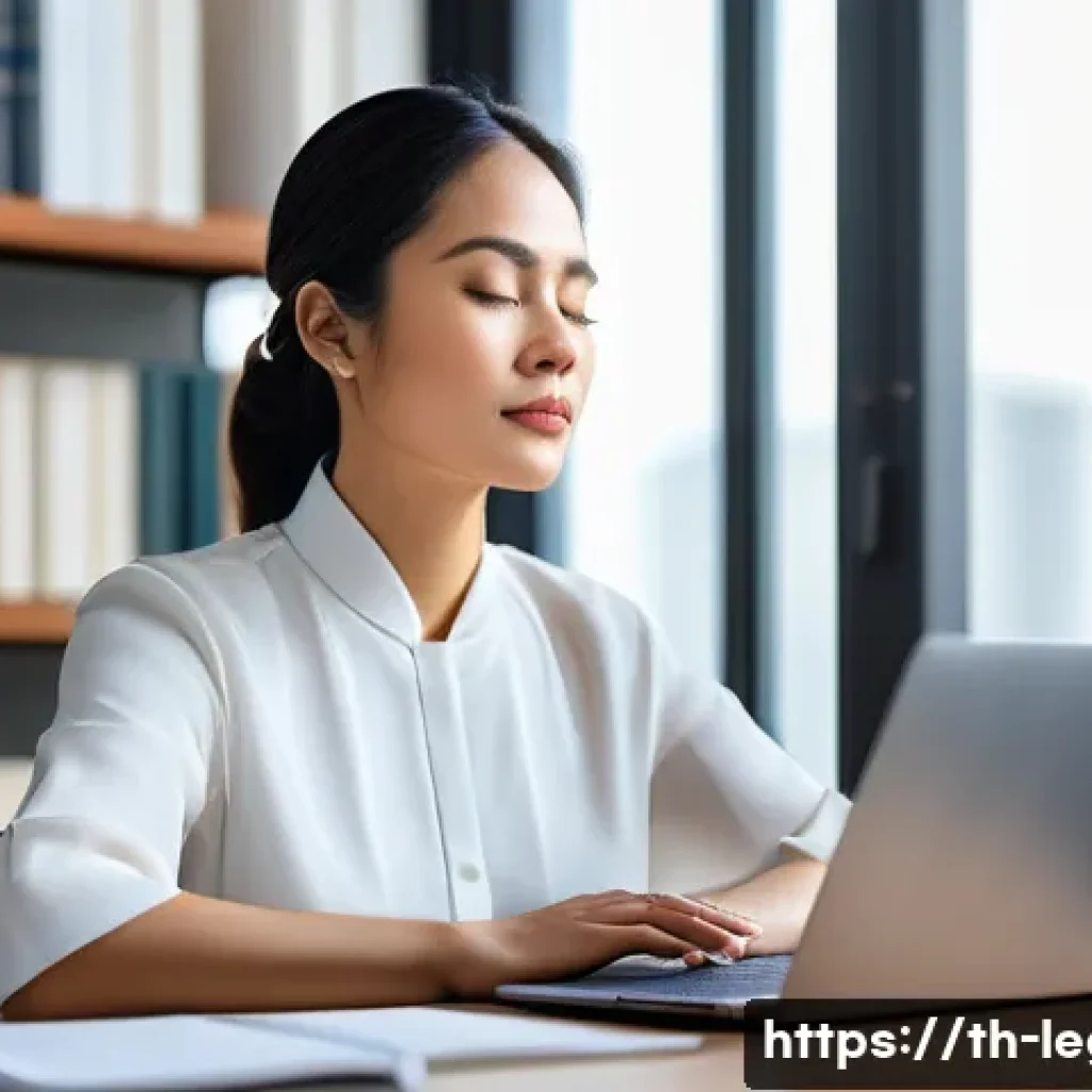 법률 자문가 직무 스트레스 대처법 - A professional Thai lawyer sitting calmly at a modern wooden desk in a bright office, practicing dee...