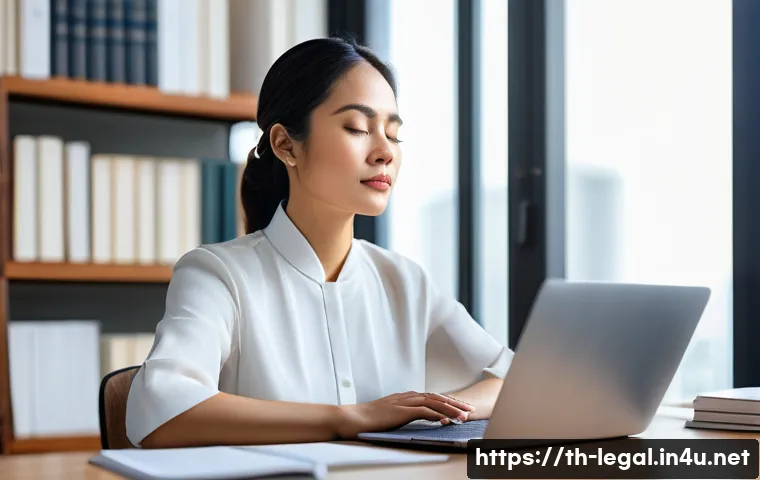 법률 자문가 직무 스트레스 대처법 - A professional Thai lawyer sitting calmly at a modern wooden desk in a bright office, practicing dee...
