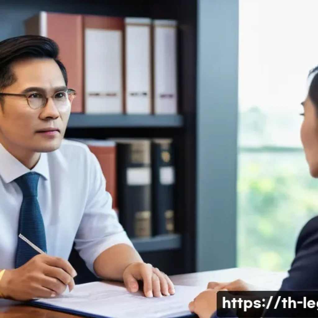 법률 자문가의 고객 상담 전략 - A professional Thai lawyer attentively listening to a middle-aged Thai client in a modern office set...