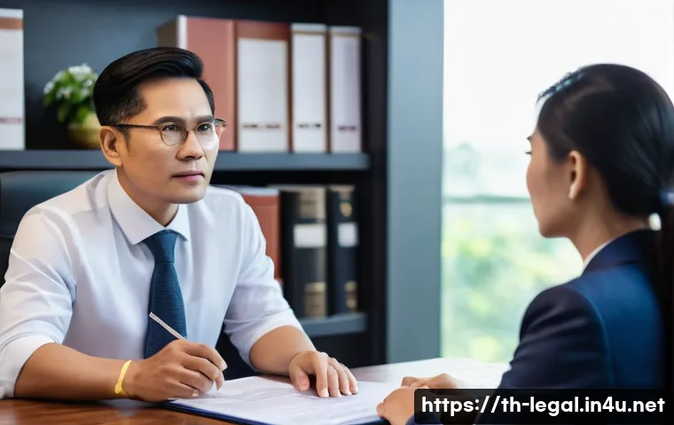 법률 자문가의 고객 상담 전략 - A professional Thai lawyer attentively listening to a middle-aged Thai client in a modern office set...