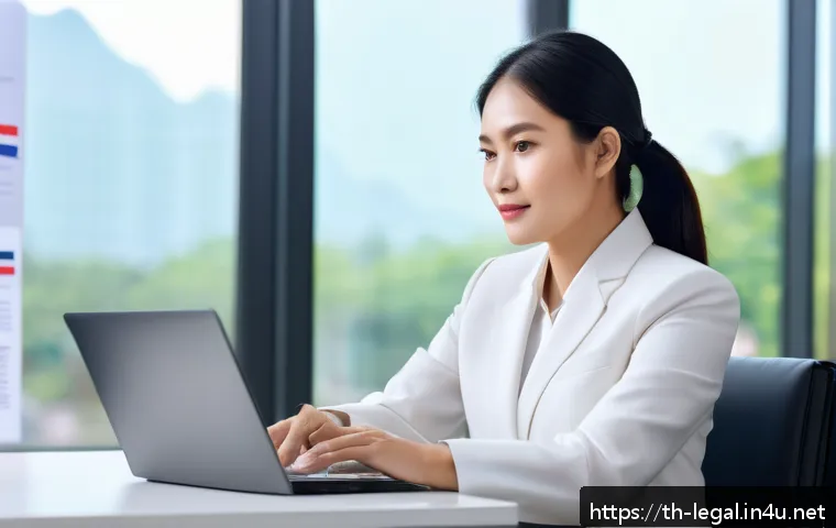 법률 자문가 직업 전망 - A modern Thai legal advisor in a sleek office environment, using a high-tech laptop displaying AI-po...
