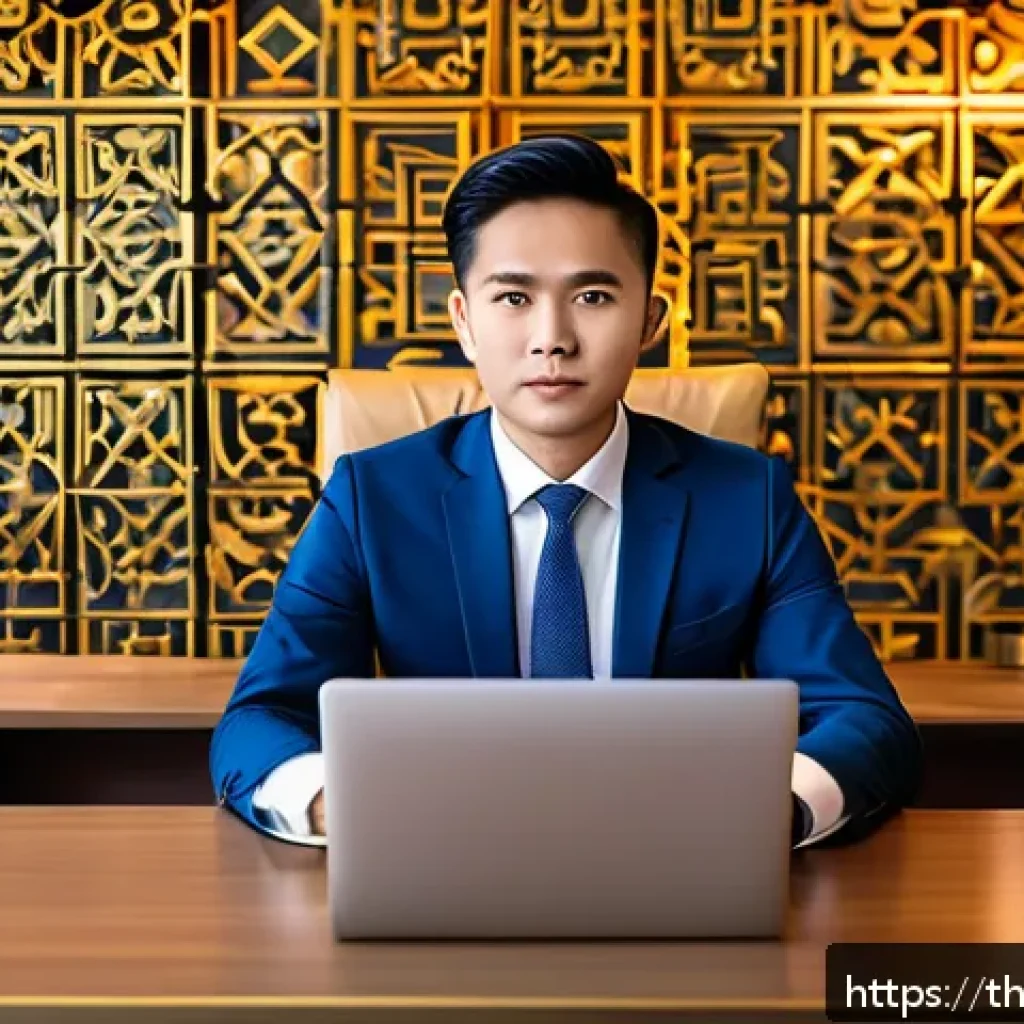 법률 자문가로서의 경력 개발 방향 - A professional Thai lawyer in modern business attire, sitting confidently at a sleek desk with a lap...