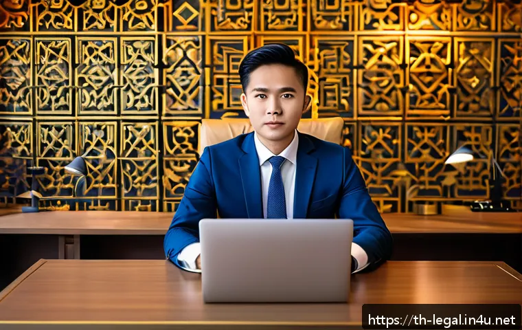 법률 자문가로서의 경력 개발 방향 - A professional Thai lawyer in modern business attire, sitting confidently at a sleek desk with a lap...