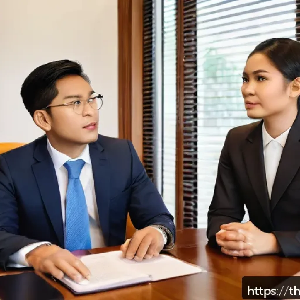 법률 자문가의 고객 관리 방식 - A modern Thai legal consultant&rsquo;s office setting, featuring a professional Thai lawyer attentively li...