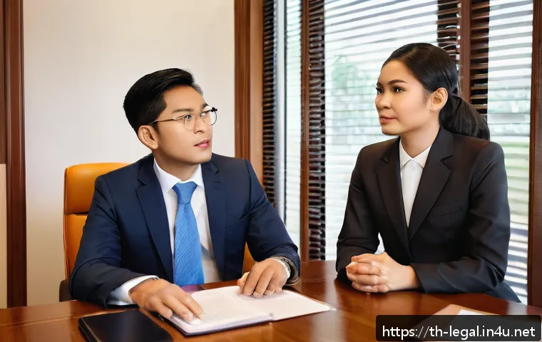 법률 자문가의 고객 관리 방식 - A modern Thai legal consultant’s office setting, featuring a professional Thai lawyer attentively li...