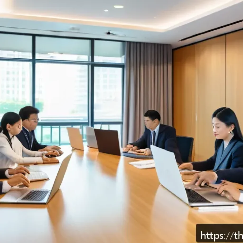 법률 자문가의 업무 효율성 향상 방법 - A modern law office scene showing a diverse team of Thai legal professionals collaborating using dig...