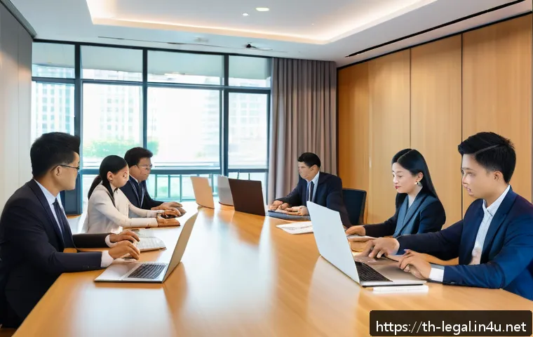 법률 자문가의 업무 효율성 향상 방법 - A modern law office scene showing a diverse team of Thai legal professionals collaborating using dig...