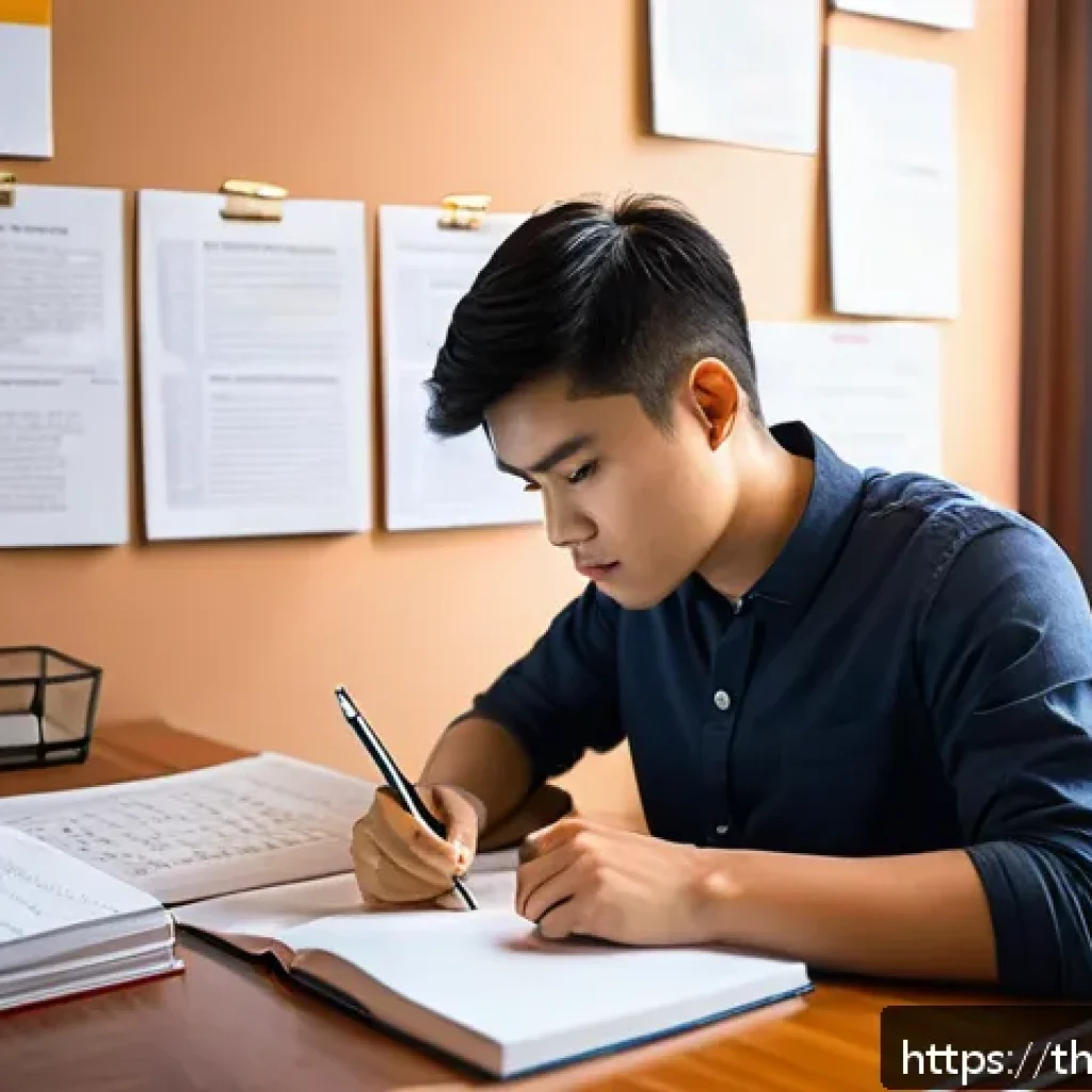 법률 자문가의 자격 시험 - A focused Thai law student sitting at a modern wooden desk in a cozy room filled with Thai legal tex...