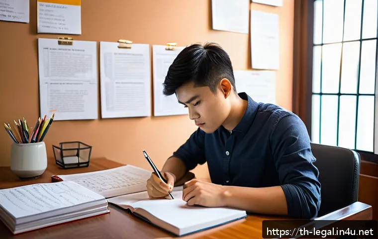 법률 자문가의 자격 시험 - A focused Thai law student sitting at a modern wooden desk in a cozy room filled with Thai legal tex...