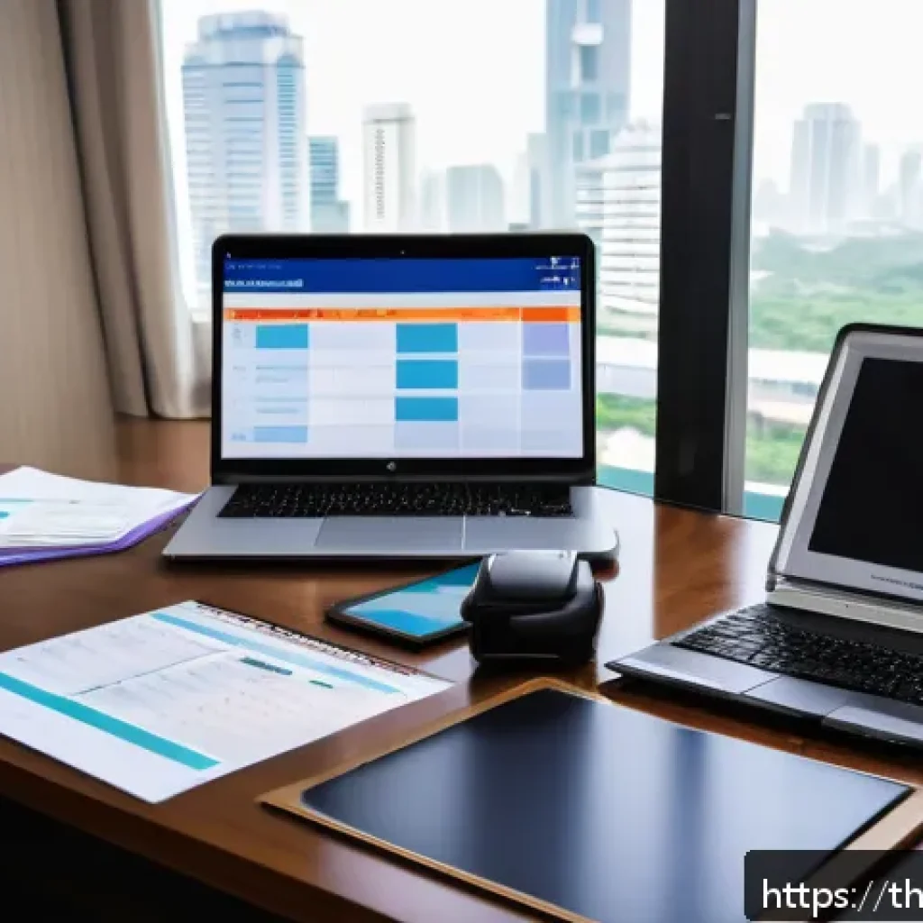 법률 자문가 업무일지 작성법 - A modern Thai legal consultant’s office scene showing a neat and organized workspace with a computer...
