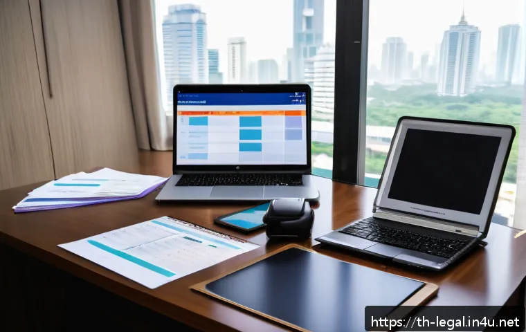 법률 자문가 업무일지 작성법 - A modern Thai legal consultant’s office scene showing a neat and organized workspace with a computer...