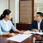 Home 21 법률자문가의 실무적 접근법 - A professional Thai legal consultant in a modern office setting, attentively listening to a middle-a...