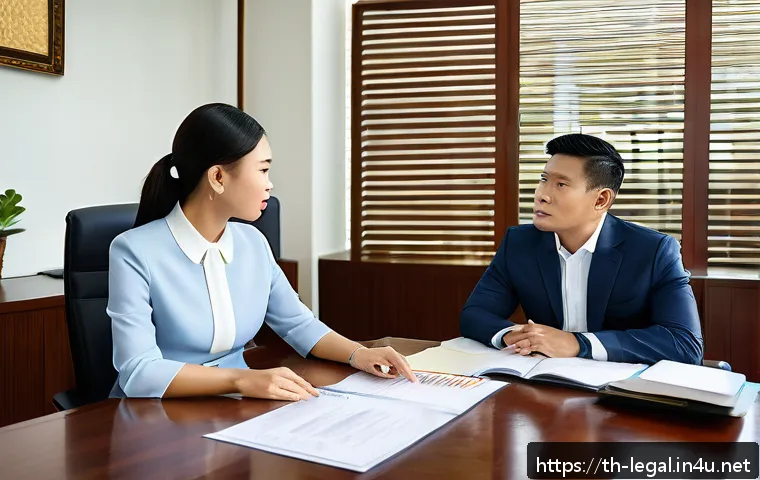 법률자문가의 실무적 접근법 - A professional Thai legal consultant in a modern office setting, attentively listening to a middle-a...